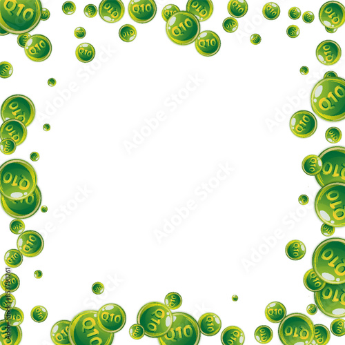 Vitamin Q10 round capsules scattered randomly.