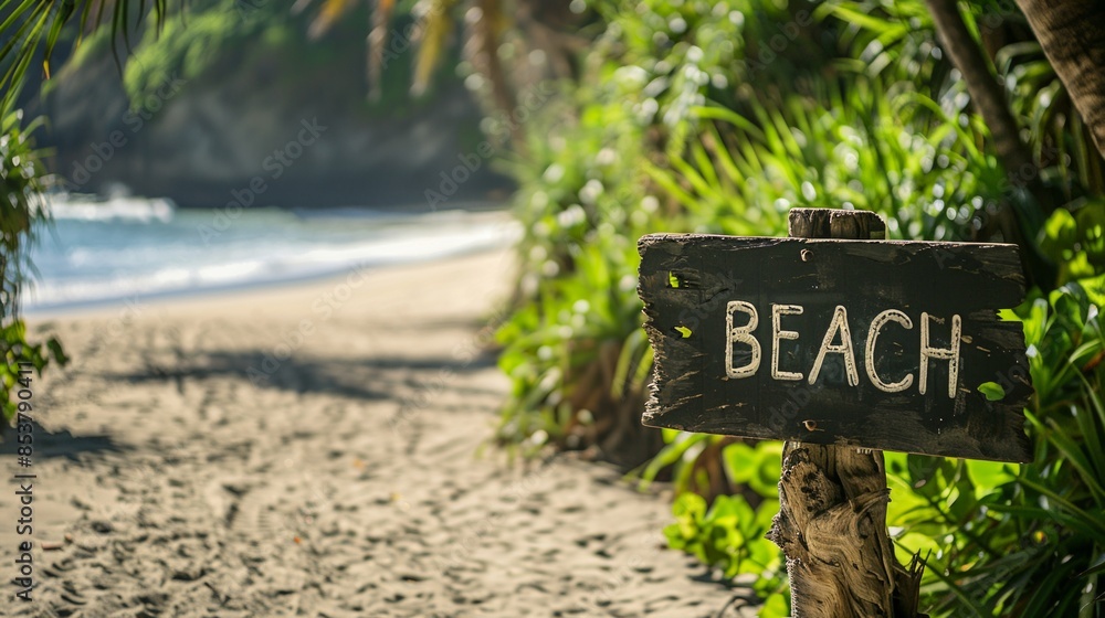 Board with beach sign and tropical sea Board with beach sign and tropical sea