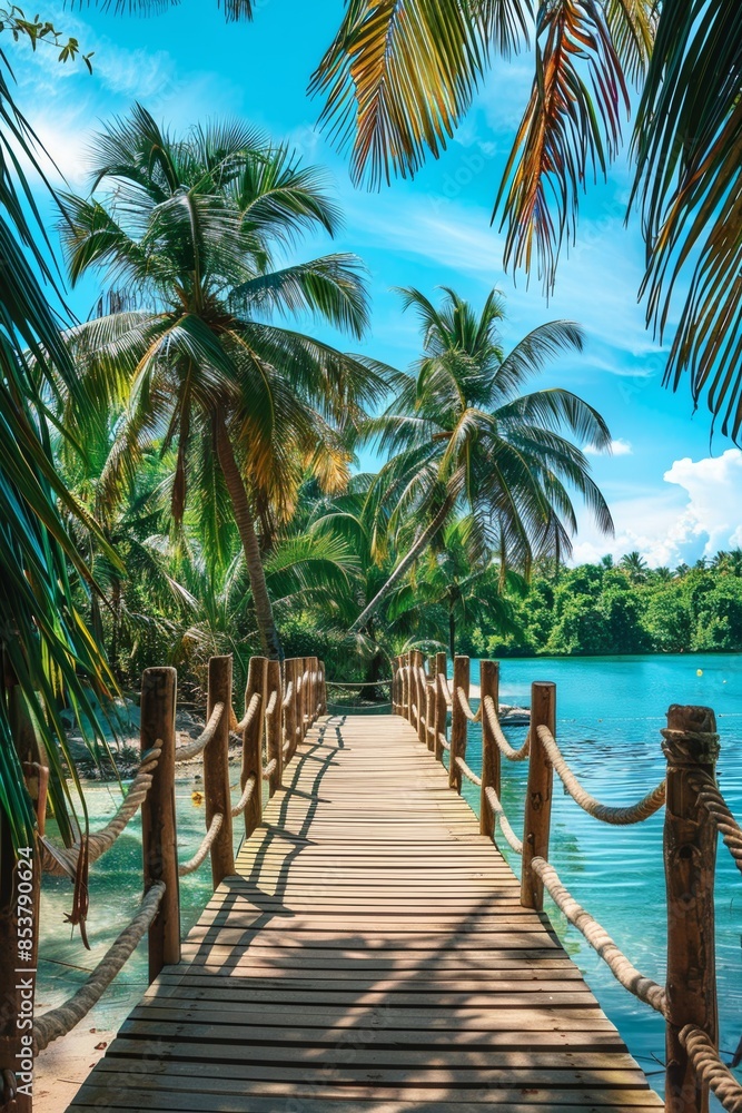 Fototapeta premium Walkway over blue sea water with tropical palm tree