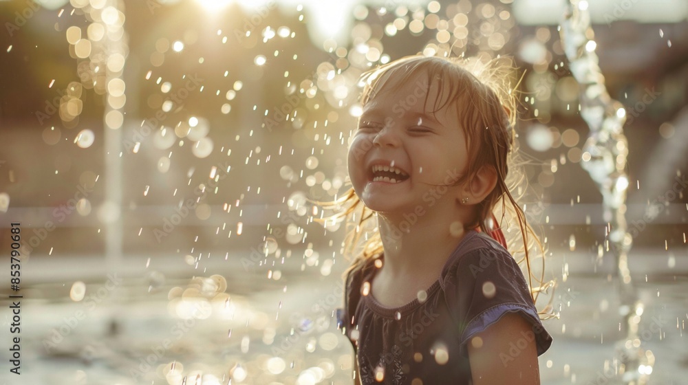 Obraz premium Little child playing with fountain water in city street