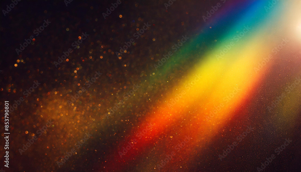 Fototapeta premium warm rainbow light leaks on black background, lens effect, colorful blurred cinematic texture with dust