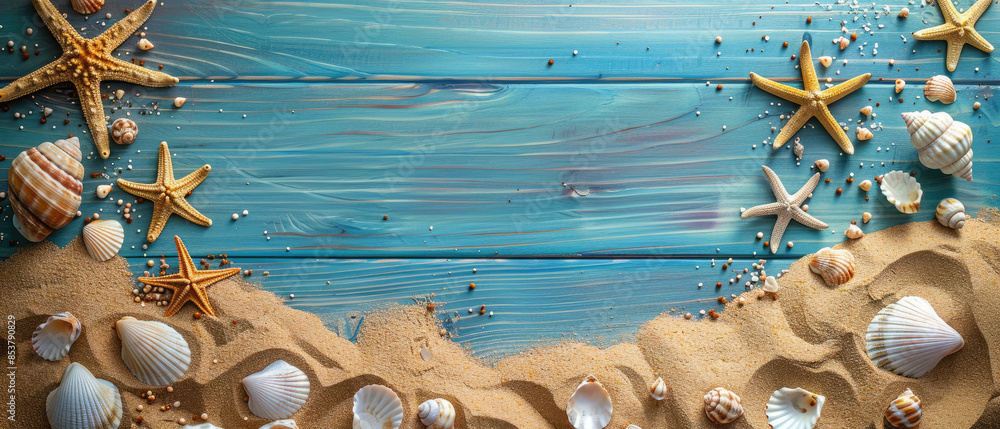 Naklejka premium Empty mockup of a summer wooden table painted bright blue decorated with beach sand and shells scattered on one side