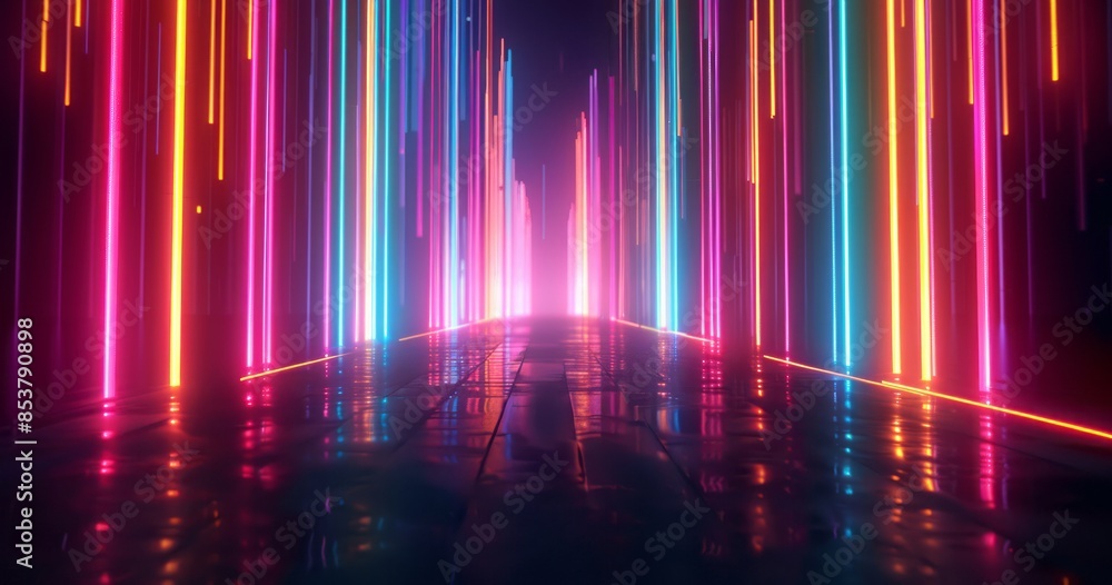 Abstract background with neon light lines in the shape of long vertical glowing rays on a black background Abstract background with neon light lines in the shape of long vertical glowing rays on a black background
