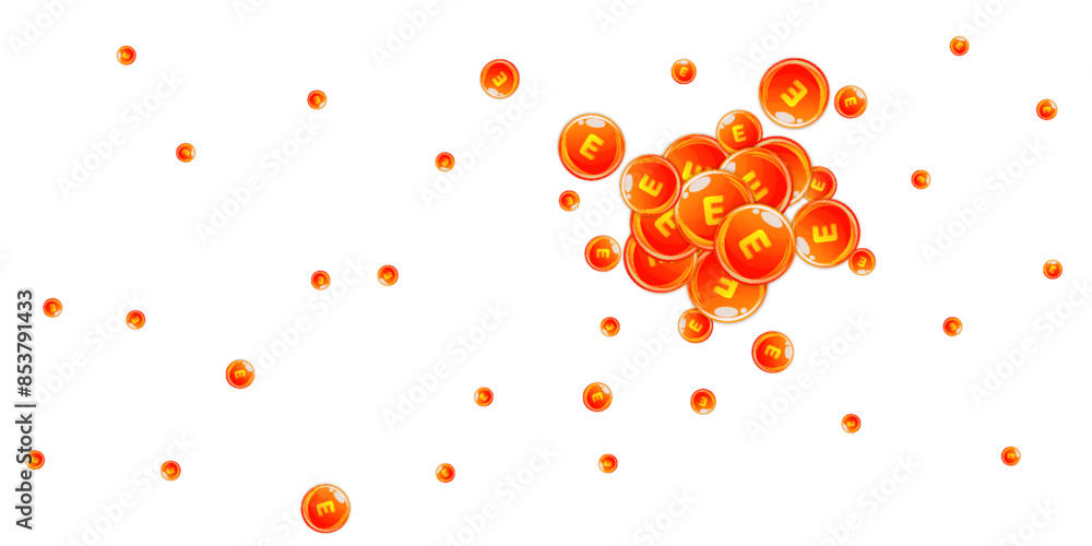 Vitamin E round capsules scattered randomly. Vitamin E round capsules scattered randomly.
