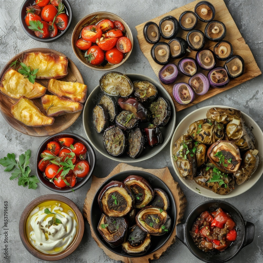 Appetizers Set with Baked Eggplants, Champignon Caps, Aubergine Rolls and Traditional Georgian Pkhali Appetizers Set with Baked Eggplants, Champignon Caps, Aubergine Rolls and Traditional Georgian Pkhali
