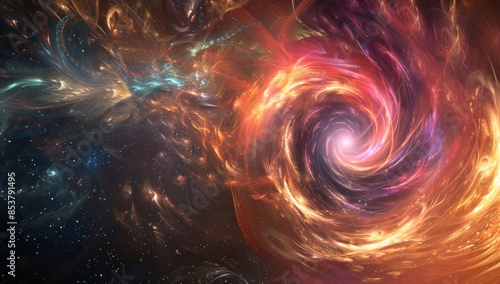 A swirling vortex of energy and light, representing the concept of quantum entanglement in space with colorful background. The colors should be vibrant and mesmerizing