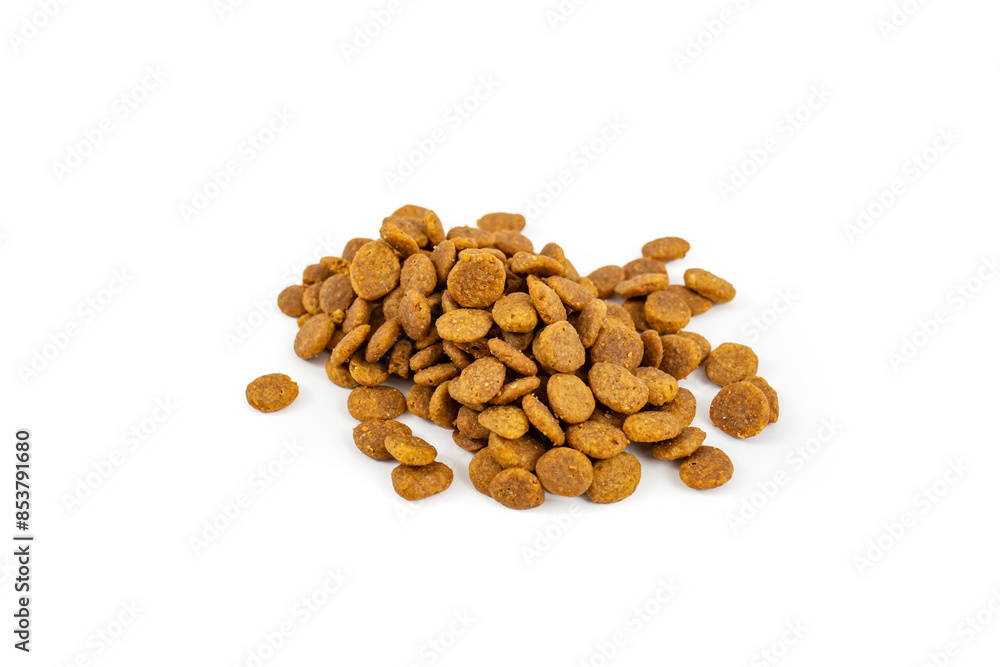 Cat food granules pile, isolated on white background, close up with copy space Cat food granules pile, isolated on white background, close up with copy space