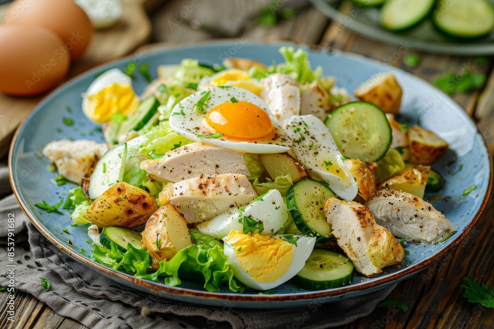 Salad with Chicken, Egg and Crispy Potatoes in Blue Plate. Poultry Meat Salad with Romaine Lettuce Salad with Chicken, Egg and Crispy Potatoes in Blue Plate. Poultry Meat Salad with Romaine Lettuce
