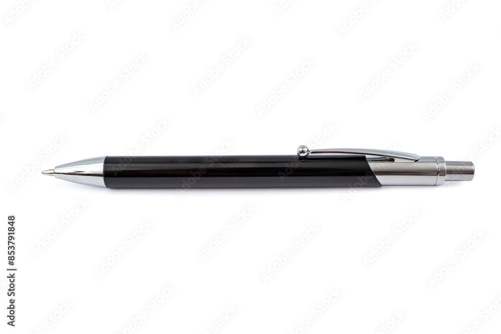 Used metallic black ball point pen, isolated on white background,, close up texture Used metallic black ball point pen, isolated on white background,, close up texture
