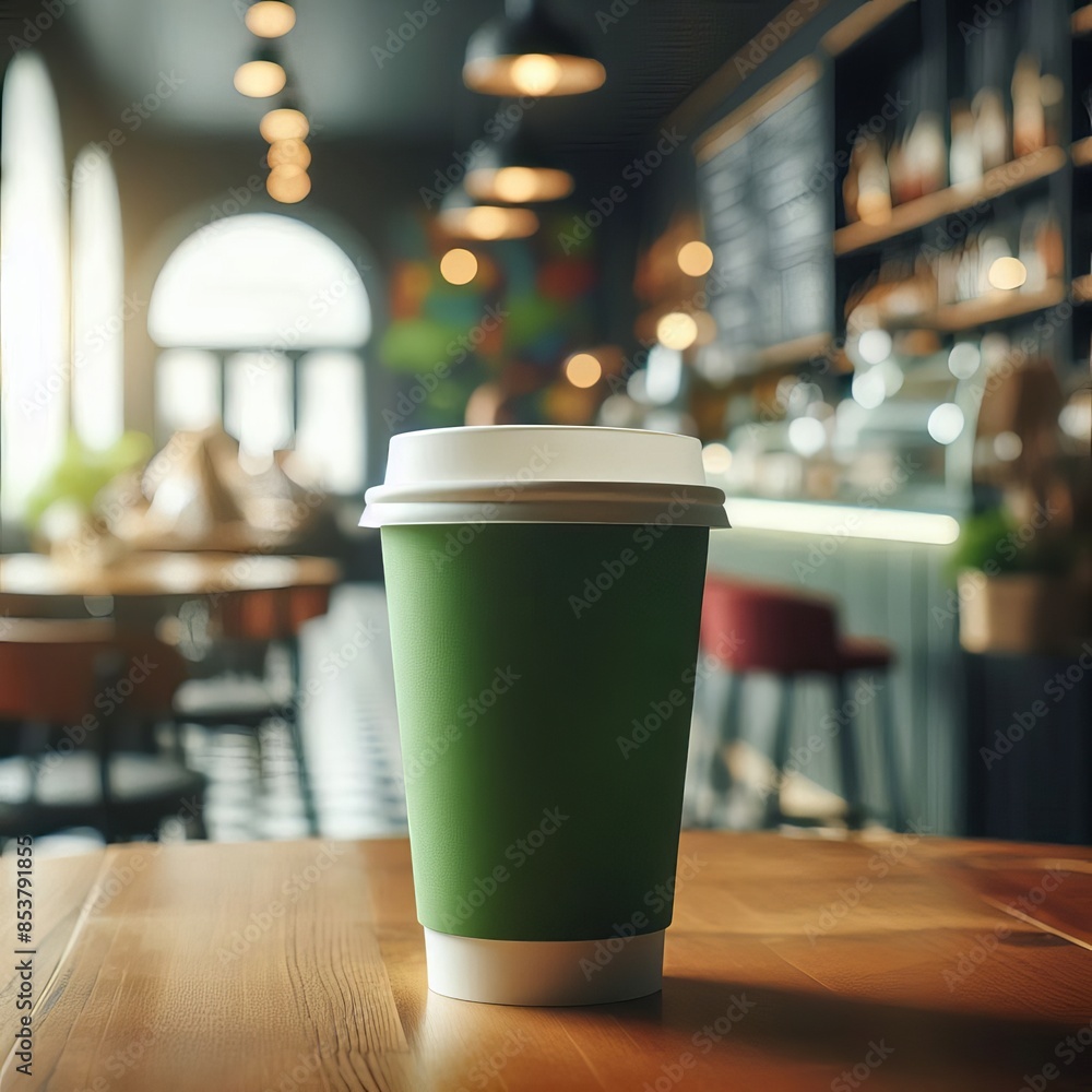 Vibrant Takeaway Cup in Various Colors with a Blurred Coffee Shop Background for Mockup and Branding Use Vibrant Takeaway Cup in Various Colors with a Blurred Coffee Shop Background for Mockup and Branding Use
