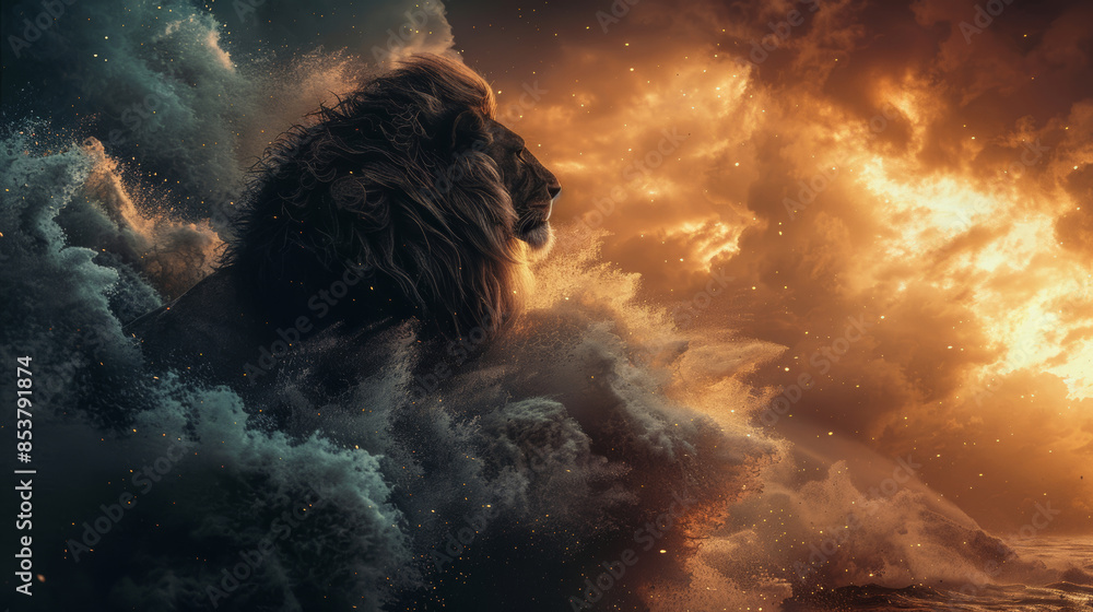 A majestic lion emerges from a sea of clouds, gazing towards a fiery sky A majestic lion emerges from a sea of clouds, gazing towards a fiery sky