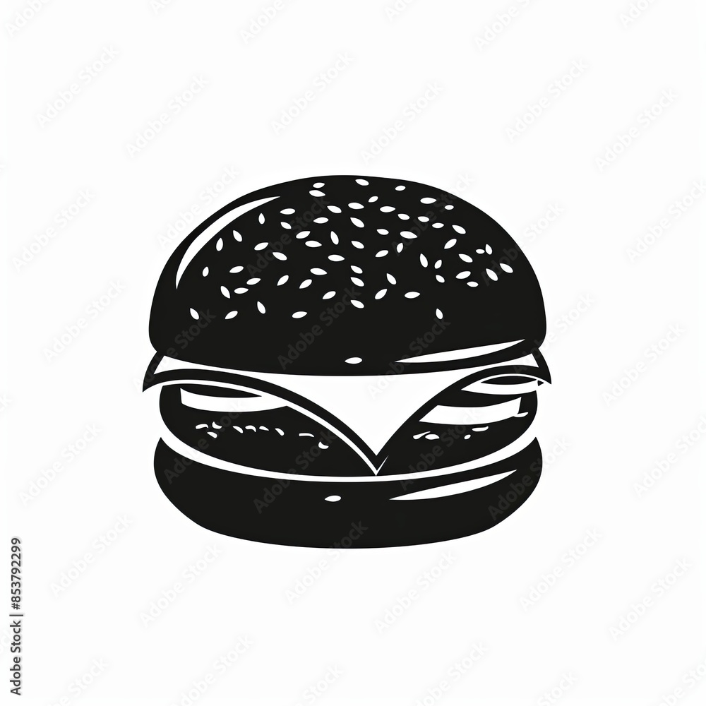 Fototapeta premium Cheeseburger in black color, logo, white isolated background, flat image, minimalism