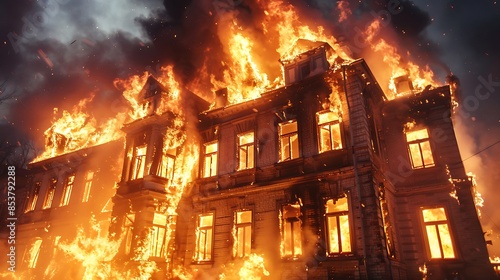  A large, old building with many windows is engulfed in flames. The fire is intense, and the building is fully ablaze.