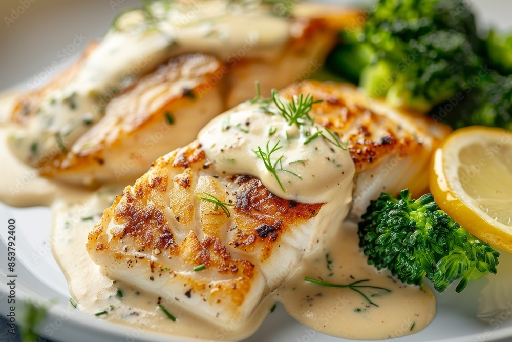 Pike Perch or Zander Fillet in Cream Sauce with Broccoli, Fried Sander Fish, Pike Meat with Lemon Pike Perch or Zander Fillet in Cream Sauce with Broccoli, Fried Sander Fish, Pike Meat with Lemon