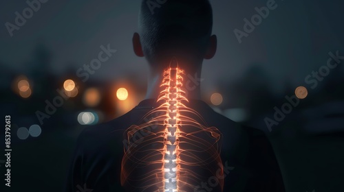 A glowing human spine depicted against a dark background, highlighting the neurological connections and central nervous system.