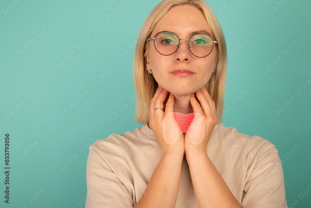 The photo of thyroid is on the human body, Women thyroid gland control The photo of thyroid is on the human body, Women thyroid gland control