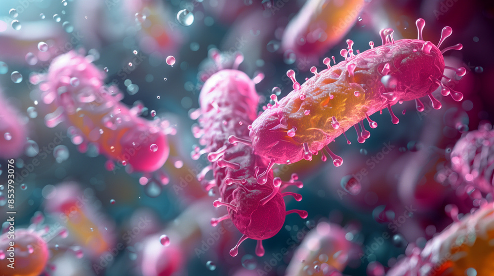 Fototapeta premium Bacterium (bacteries, bacteria, microbiome, cells, bacterie) infection under a microscope macro photography floating in space. Shape and texture design, background illustration 