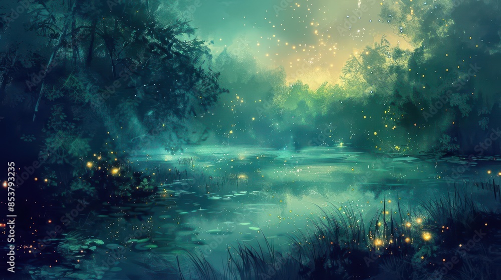 Fototapeta premium breathtaking aerial view of mysterious misty swamp with enchanting fireflies fantasy digital painting