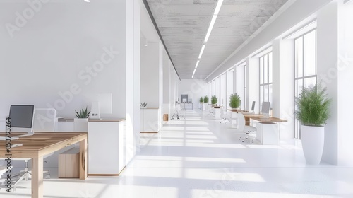 bright and airy modern office with white walls and wooden desks minimalist open space interior design 3d render © Bijac