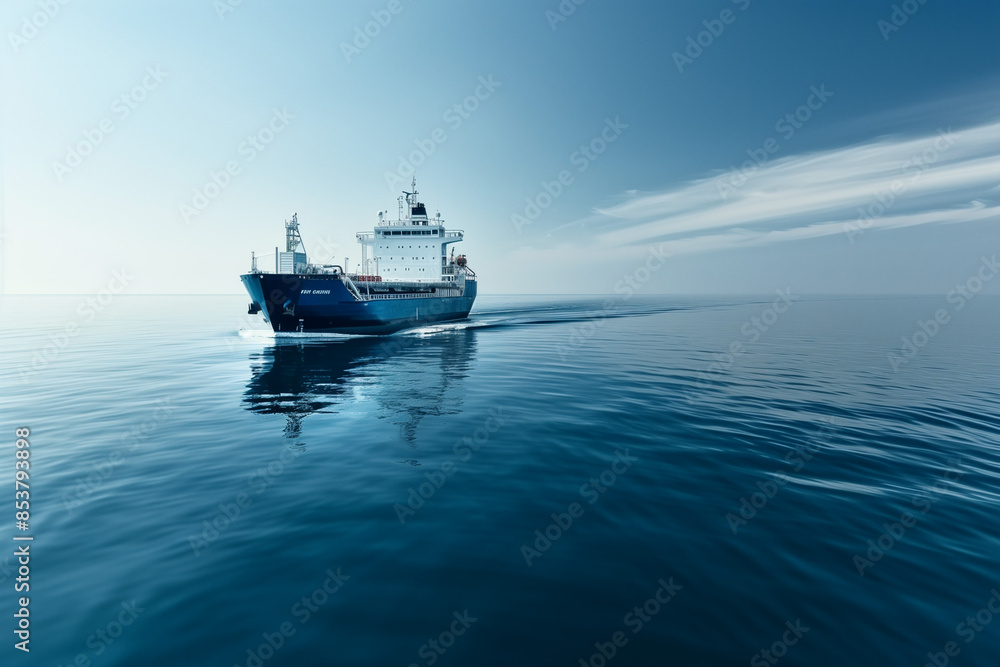 Fototapeta premium Cargo Ship Sailing on Calm Blue Sea Under Clear Sky 