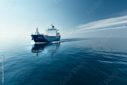 Cargo Ship Sailing on Calm Blue Sea Under Clear Sky 