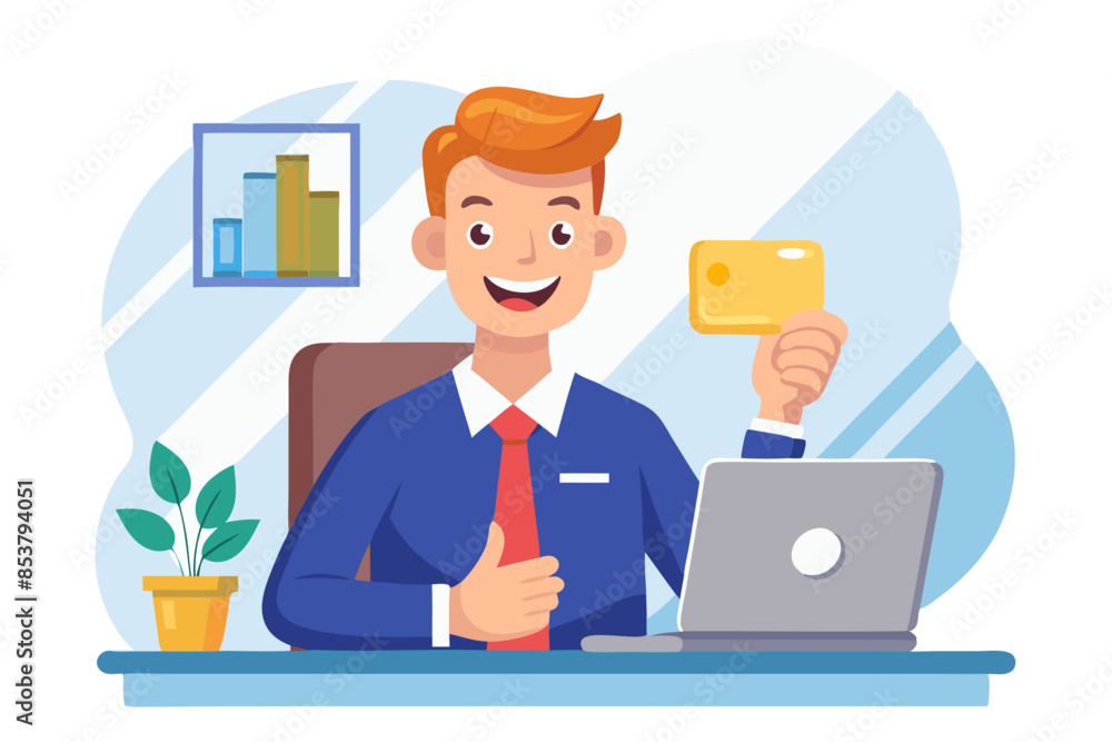 Portrait of a young smiling man sitting in the office at the table holding and showing a golden credit card in his hand showing the camera a super success sign with his finger modern flat design Portrait of a young smiling man sitting in the office at the table holding and showing a golden credit card in his hand showing the camera a super success sign with his finger modern flat design
