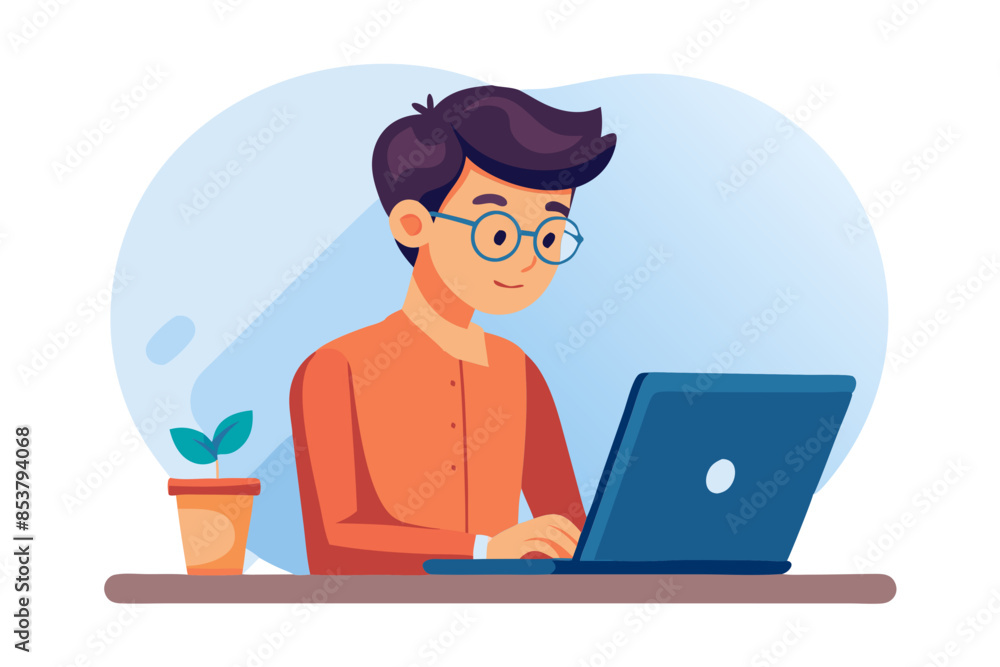 A young man in a shirt and glasses is working concentratedly in a modern office at a laptop typing on a keyboard modern flat design simple vector illustration isolated transparent background; A young man in a shirt and glasses is working concentratedly in a modern office at a laptop typing on a keyboard modern flat design simple vector illustration isolated transparent background;
