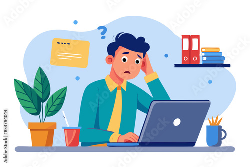 Worried young man sitting at desk in office with laptop hands on head and looking at credit card in shock modern flat design simple vector illustration isolated transparent background;