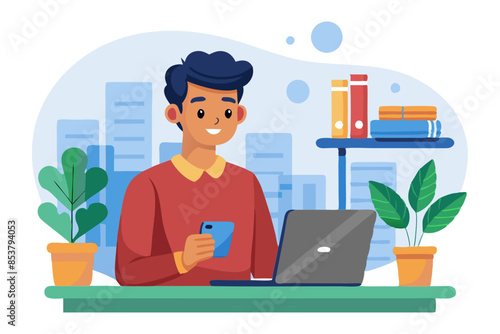 Portrait of a young Indian man sitting in a modern office at a table with a laptop holding a mobile phone and a credit card modern flat design simple vector illustration isolated transparent