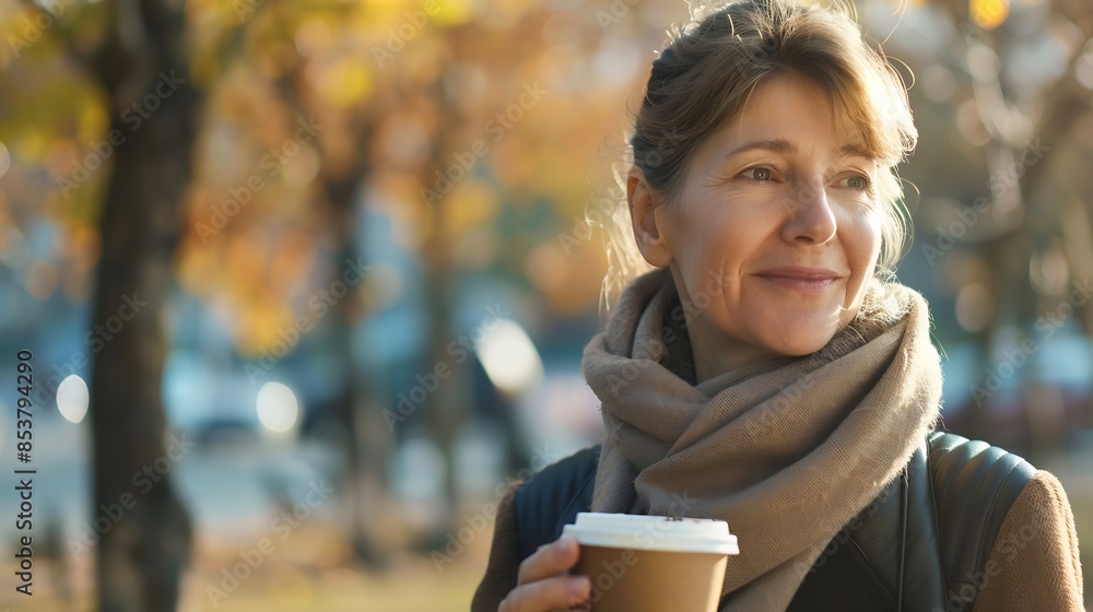 Cropped close up portrait of a pretty caucasian middleaged mature woman drinking enjoying hot beverage tea coffee in paper cup walking in city park outdoors : Generative AI Cropped close up portrait of a pretty caucasian middleaged mature woman drinking enjoying hot beverage tea coffee in paper cup walking in city park outdoors : Generative AI