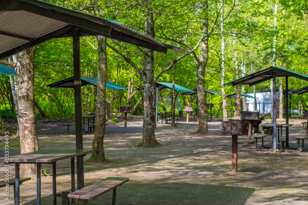 Empty barbecue area. Public place for a weekend in the park. Empty barbecue area. Public place for a weekend in the park.