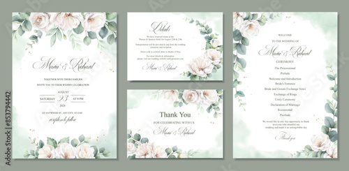 Watercolor vector set wedding invitation card template design with white roses, eucalyptus and greenery. Hand painted illustration.