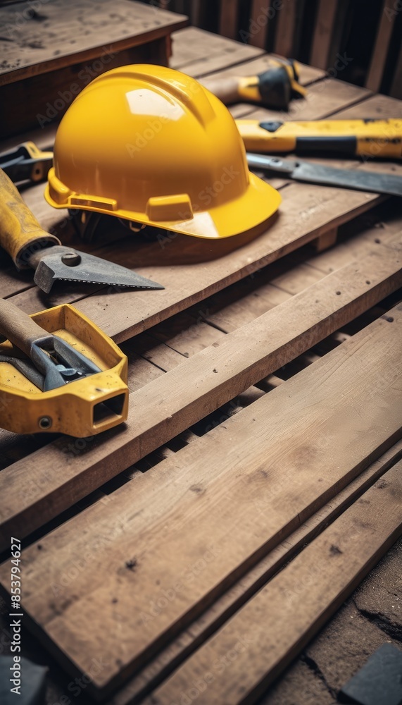 Essential tools and a yellow hard hat on a workbench, ready for the day's construction tasks in a partially built room Essential tools and a yellow hard hat on a workbench, ready for the day's construction tasks in a partially built room