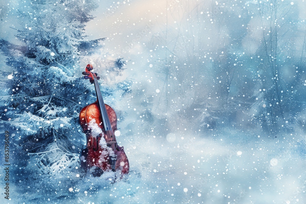 Fototapeta premium Winter Music Collage, Surreal Trendy Contemporary Poster, Snowing Music Concept, Sounds of Nature