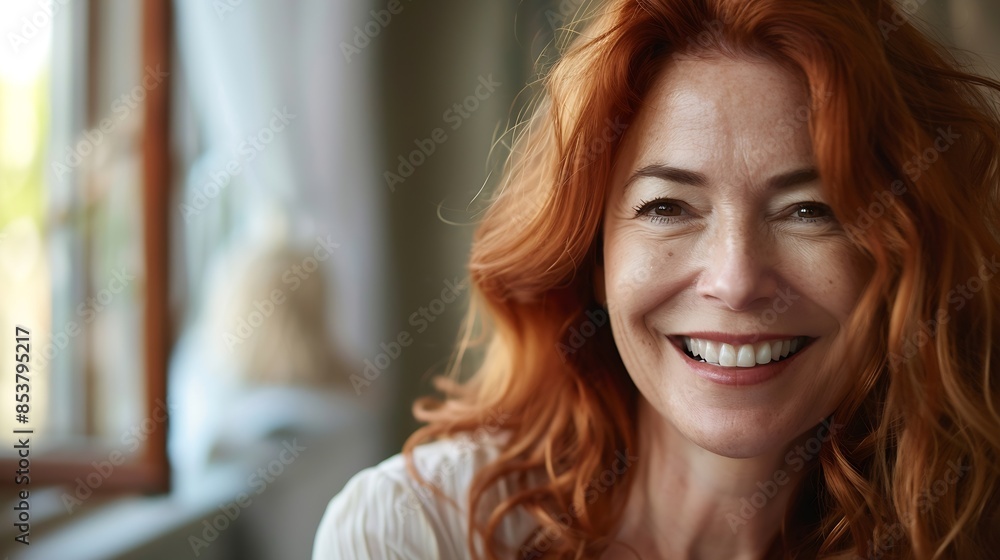 Portrait of smiling mature woman looking at camera with big grin Successful middle aged woman at home smiling Beautiful mid adult lady with long red hair enjoying whitening teeth treat : Generative AI Portrait of smiling mature woman looking at camera with big grin Successful middle aged woman at home smiling Beautiful mid adult lady with long red hair enjoying whitening teeth treat : Generative AI