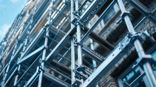 A detailed view of scaffolding structure used for building construction, showing metal pipes and connectors forming a secure framework. © Moopingz