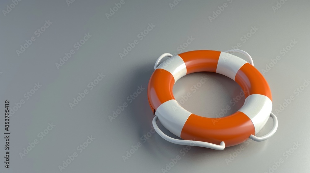 A red and white life preserver is on a grey surface A red and white life preserver is on a grey surface