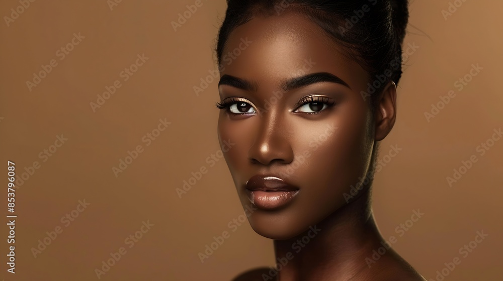 Fototapeta premium Skincare wellness and portrait of a black woman in a studio for a cosmetic makeup or facial routine Health beauty and young model with natural face and skin treatment isolated by brown : Generative AI