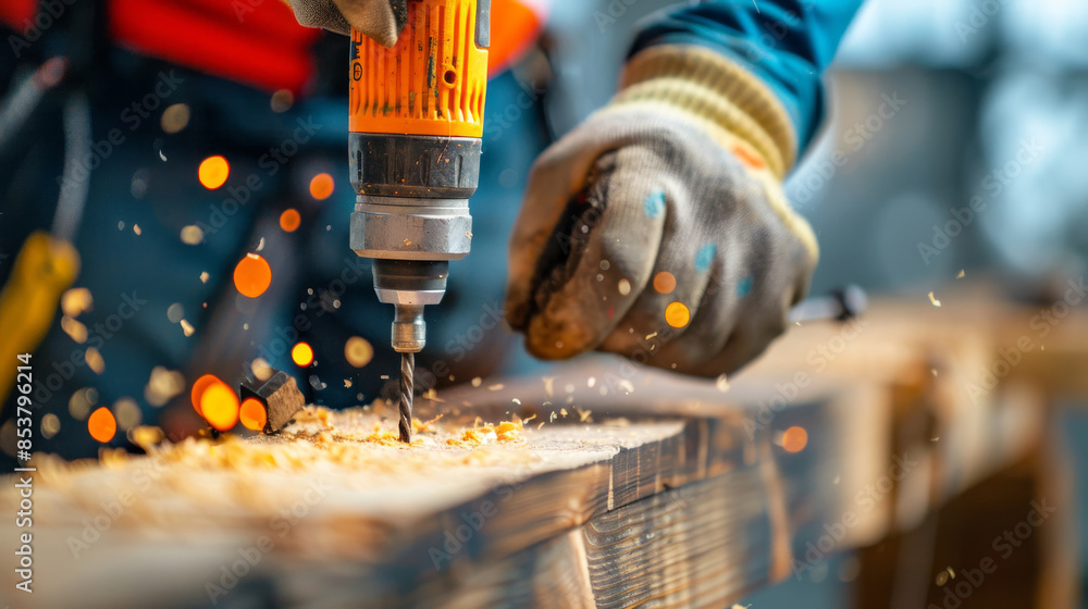 Skilled Construction Worker Using Power Drill to Fasten Screws into ...