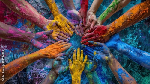Diverse people holding hands in vibrant colors, symbolizing unity, diversity, teamwork, inclusivity. AIG53M photo