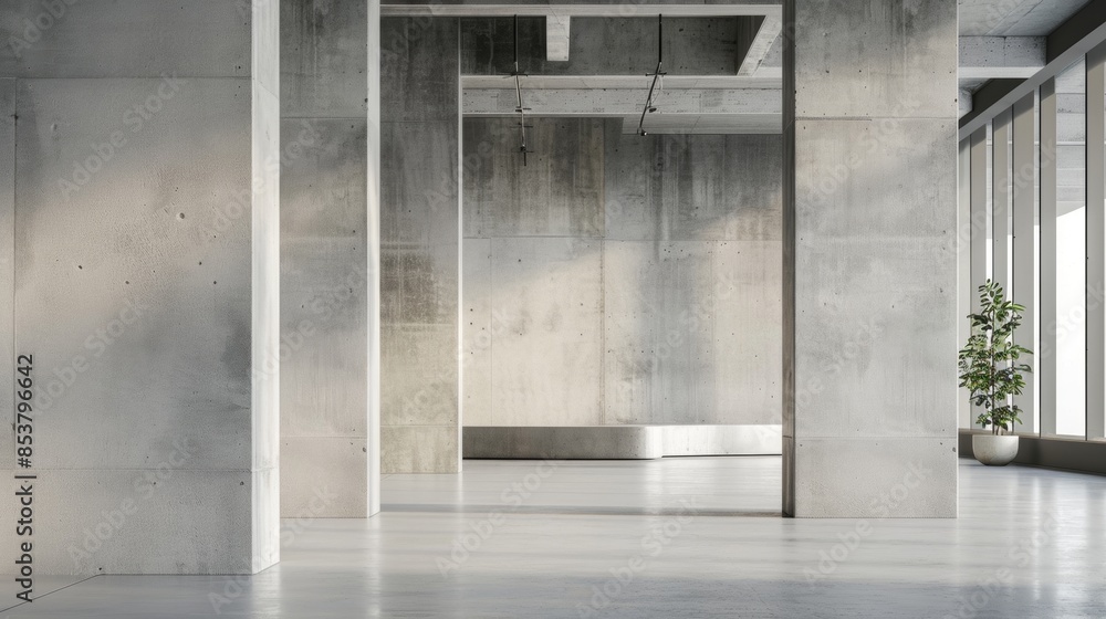 A large, empty room with a plant in the corner A large, empty room with a plant in the corner