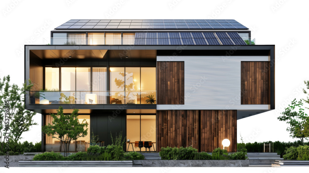 Modern real estate house with solar panels, on transparent background Modern real estate house with solar panels, on transparent background