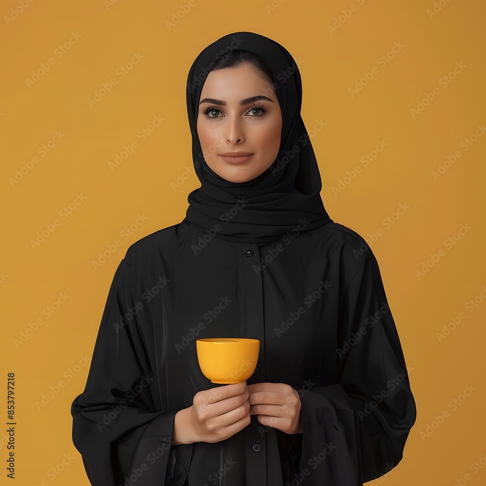 Elegant Woman in Abaya Holding a Yellow Cup Elegant Woman in Abaya Holding a Yellow Cup