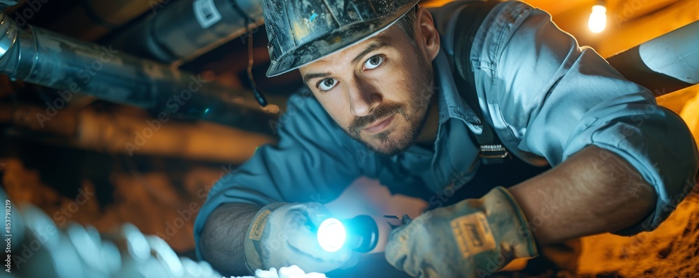 Dedicated plumber inspecting pipes in challenging crawl space environment with flashlight to ensure system integrity Dedicated plumber inspecting pipes in challenging crawl space environment with flashlight to ensure system integrity