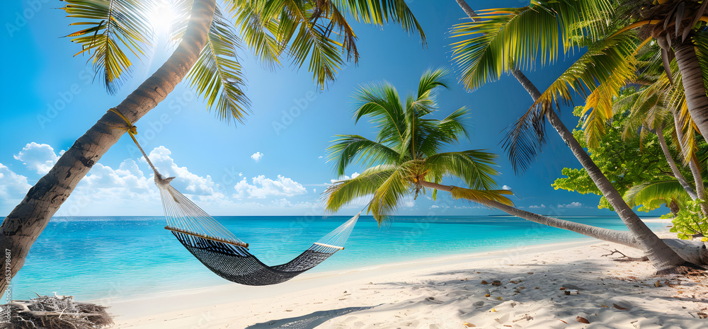 Fototapeta premium Hammock Hanging from Palm Tree on White Sand Beach with Turquoise Water. Tropical Vacation Paradise Concept. Serenity and Relaxation Concept