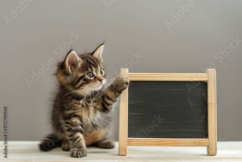 A playful tabby kitten with a blank chalkboard, ideal for customizable signage or pet-related themes photo