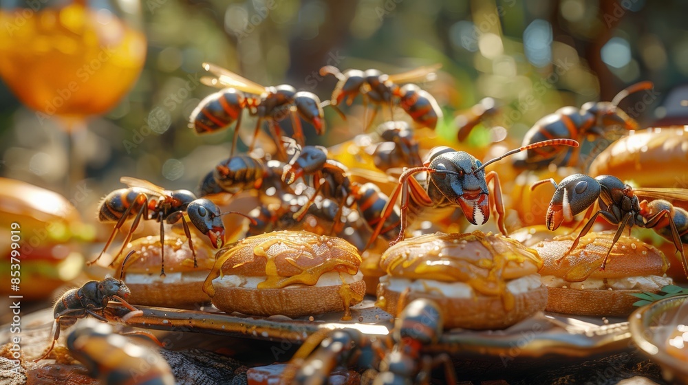 Ants on a Picnic: ants invading a picnic spread, adding a humorous and relatable touch. Leave space for text in the background. - Ants on a Picnic: ants invading a picnic spread, adding a humorous and relatable touch. Leave space for text in the background. -