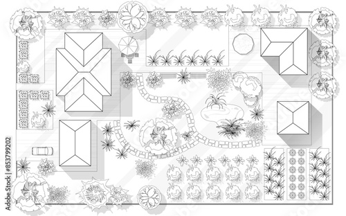 Landscape design plan with house, courtyard, lawn and garage top view. Highly detailed plan of country with modern cottage, garden, pond, pool. Vector illustration of Cityscape, Map of town, village