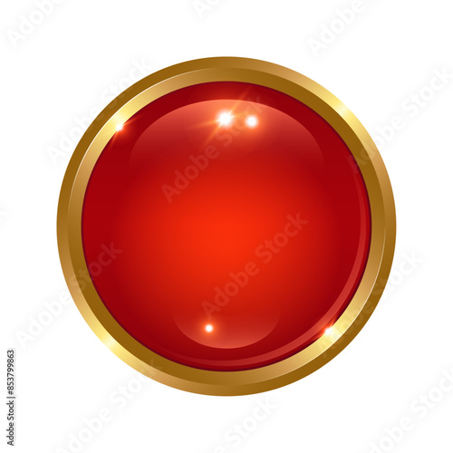 3D red glossy button with gold frame.
