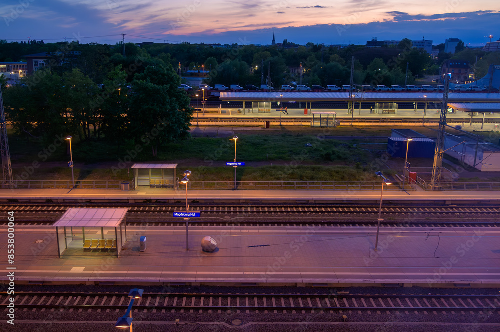 Magdeburg, Germany - May 05, 2024: View of an empty Magdeburg Main Station at a summer evening.